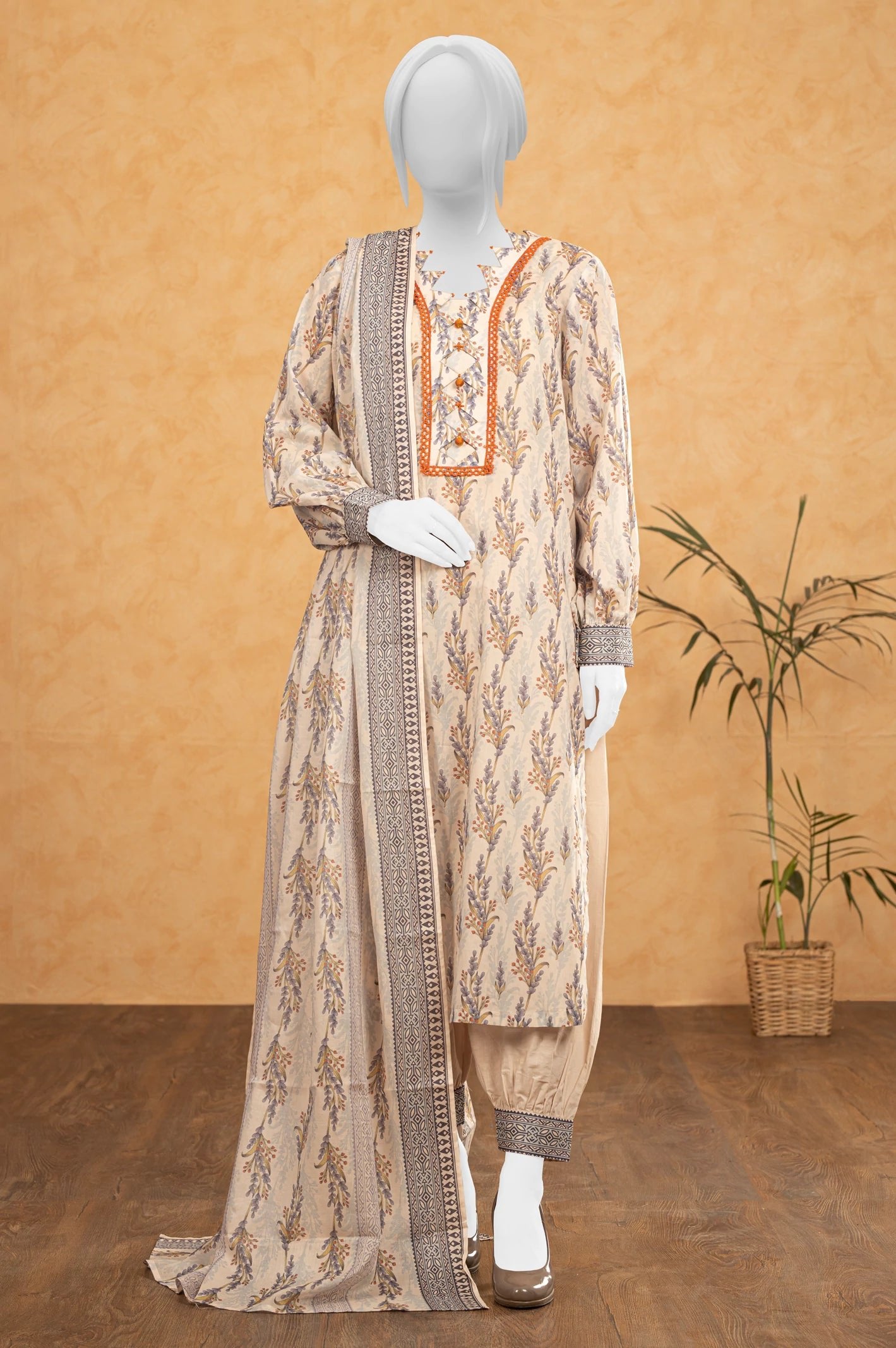 Diners 3Pc Printed Lawn Suit (WU31536-BEIGE)
