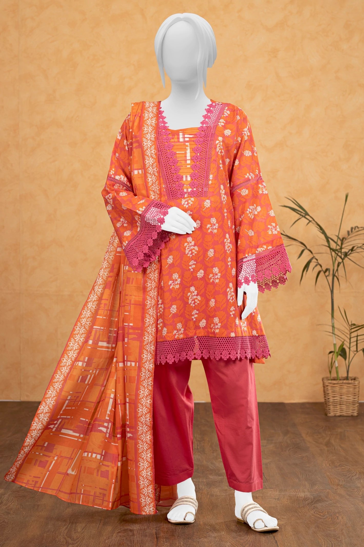 Diners 3Pc Printed Lawn Suit (WU31538-ORANGE)