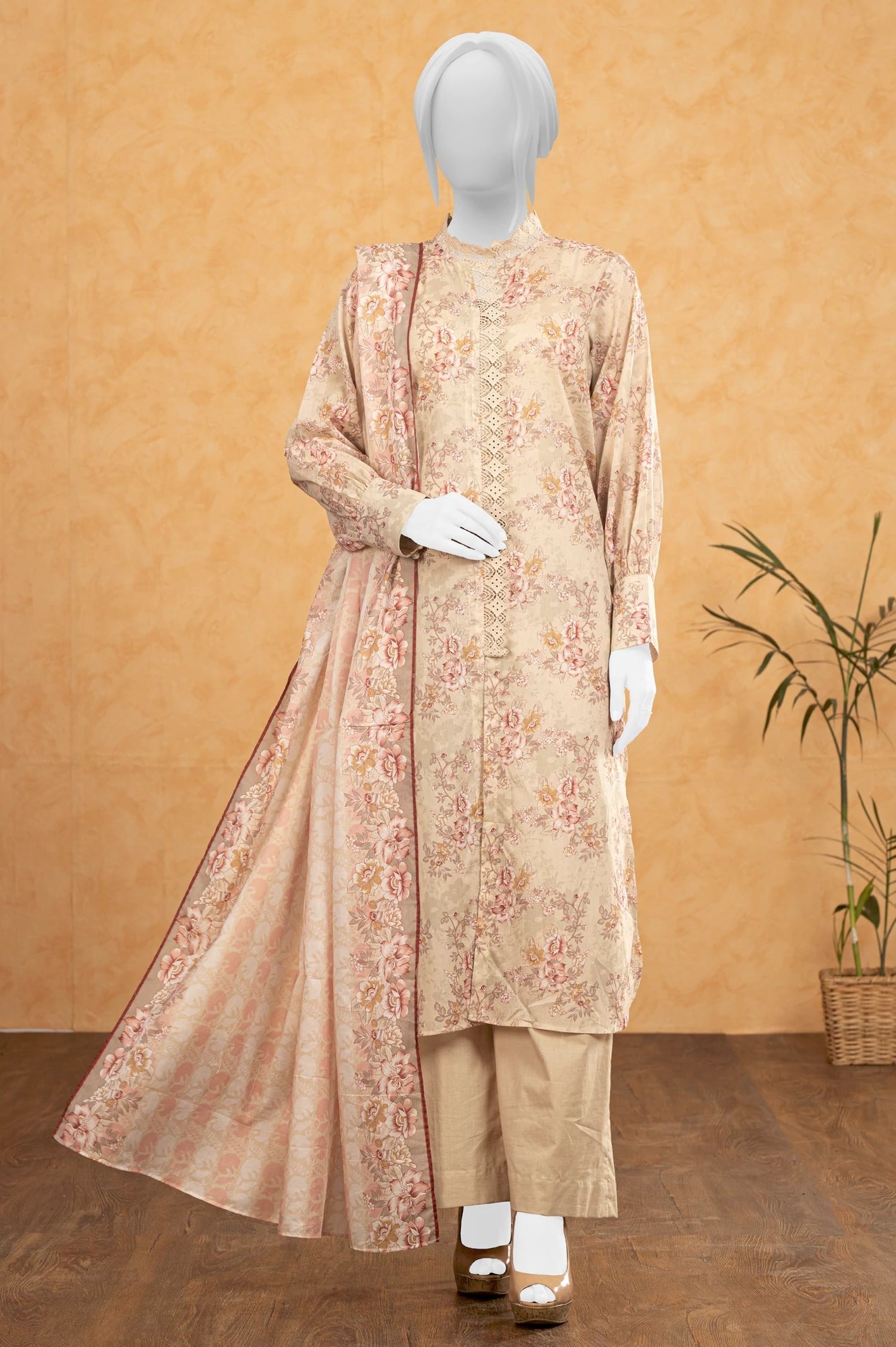 Diners 3Pc Printed Lawn Suit (WU31541-BEIGE)