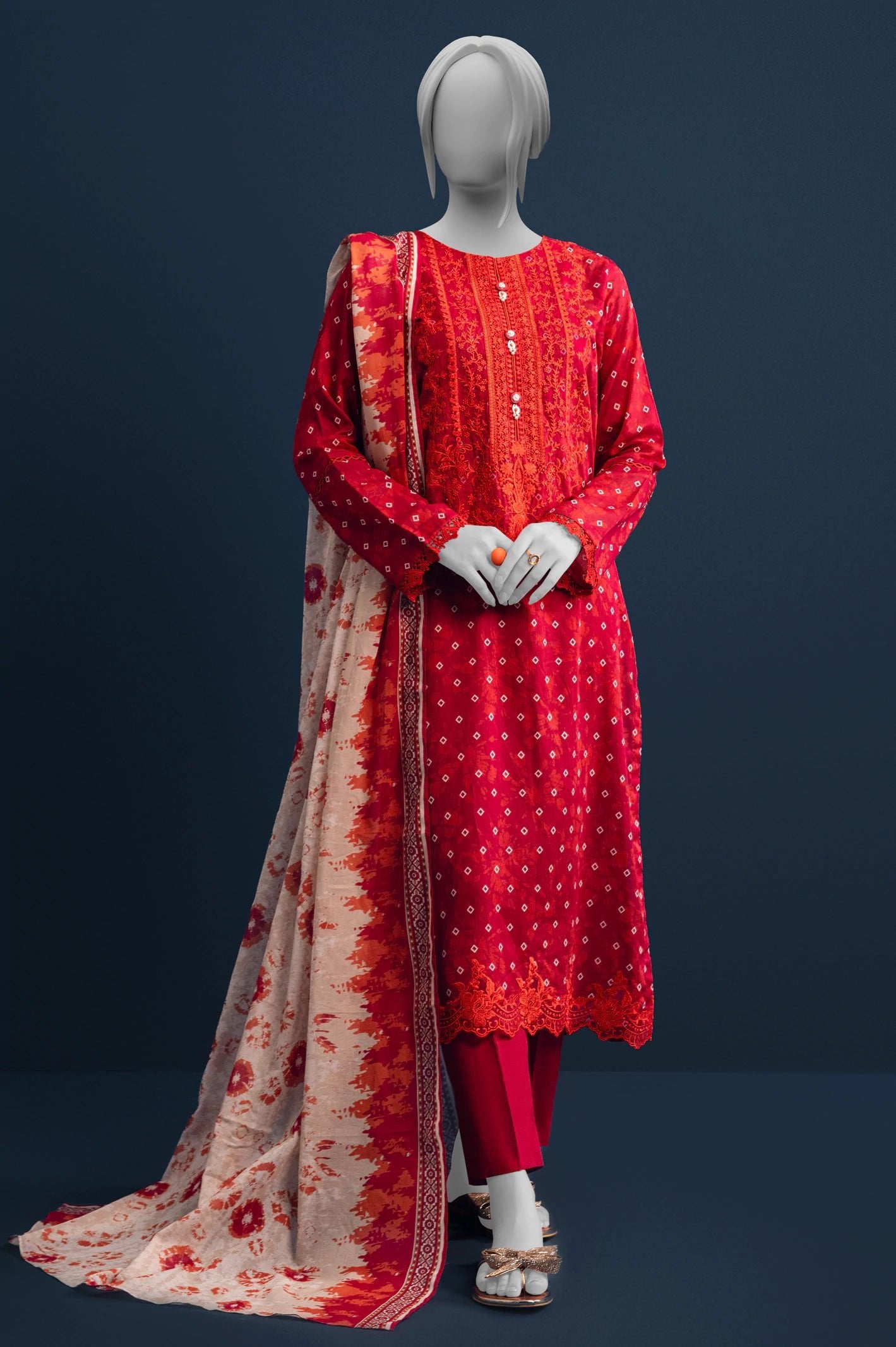 Diners 3Pc Printed Lawn Suit (WU31624-RED)