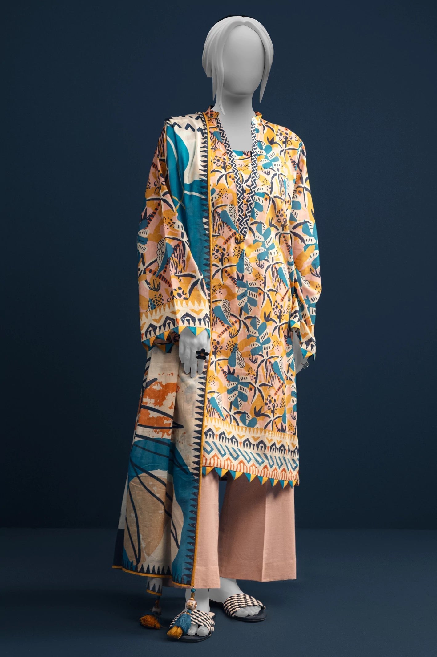 Diners 3Pc Printed Lawn Suit (WU31640-CREAM)