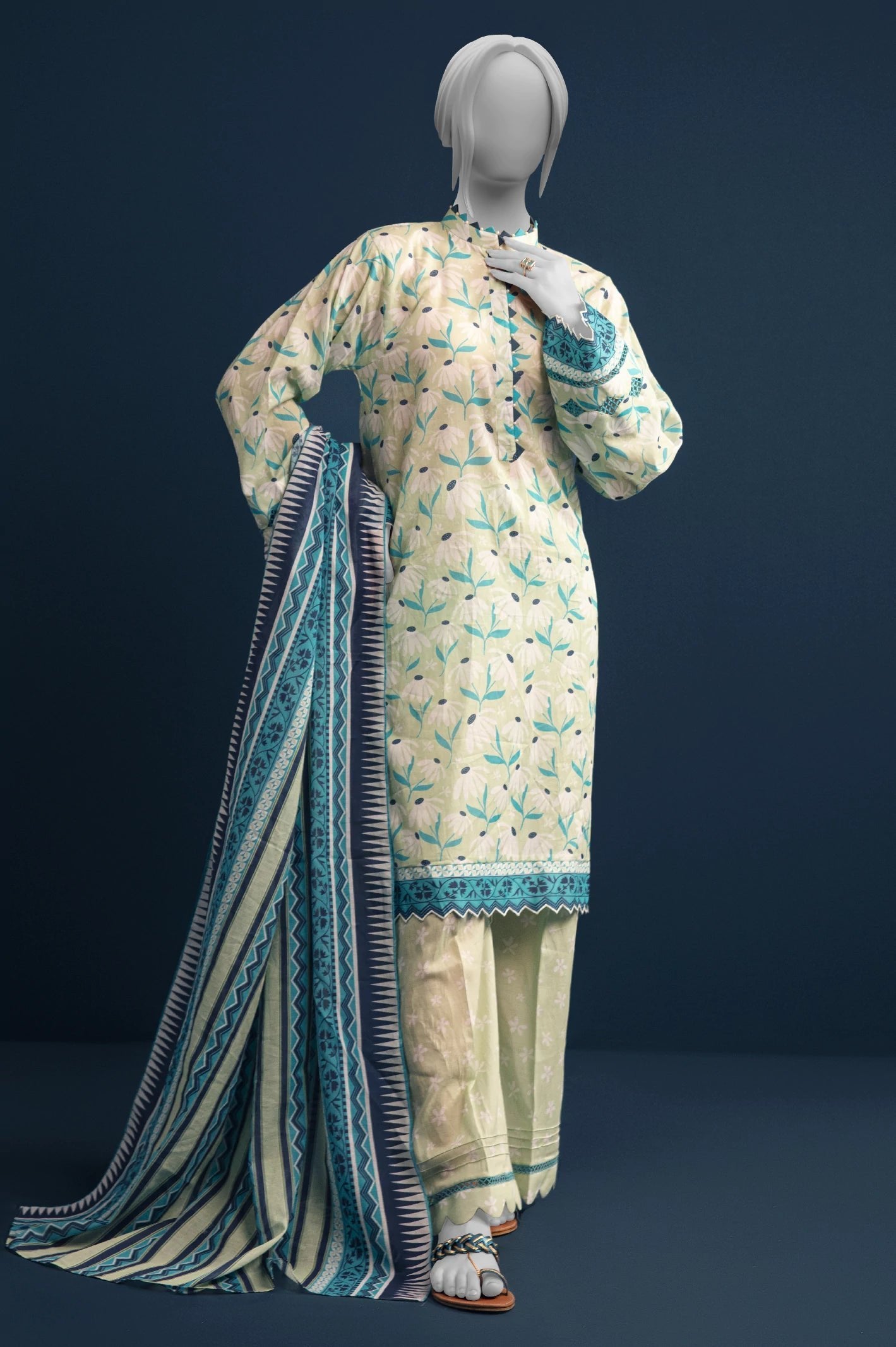 Diners 3Pc Printed Lawn Suit (WU31643-L-GREEN)