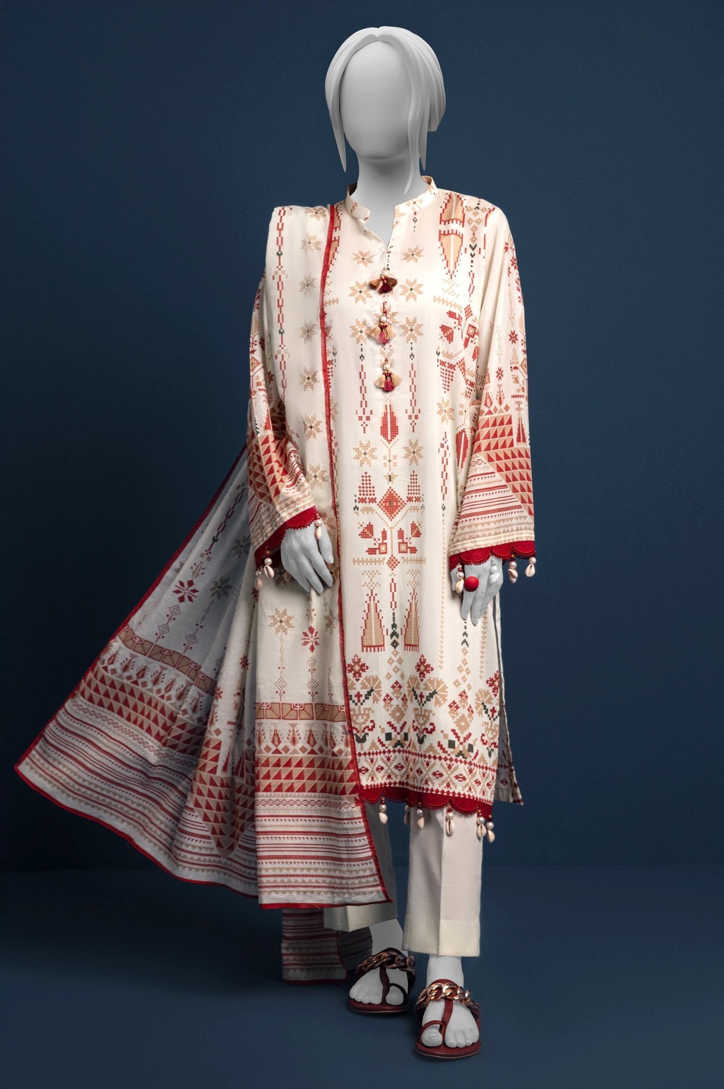Diners 3Pc Printed Lawn Suit (WU31647-OFFWHITE)