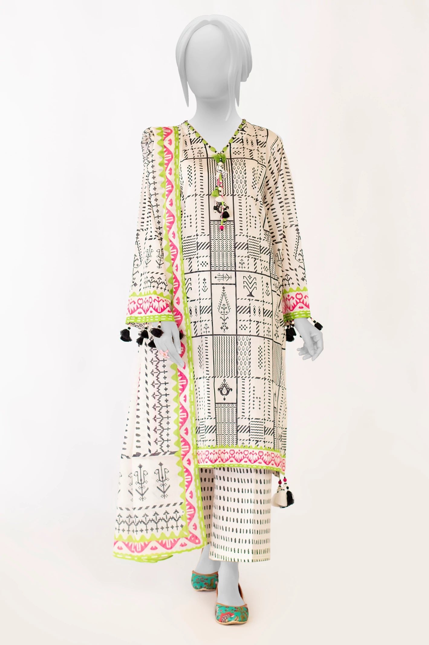 Diners 3Pc Printed Lawn Suit (WU31690-CREAM)