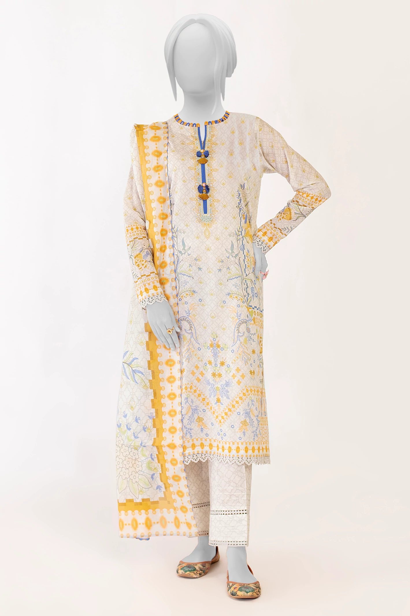 Diners 3Pc Printed Lawn Suit (WU31696-MUSTARD)