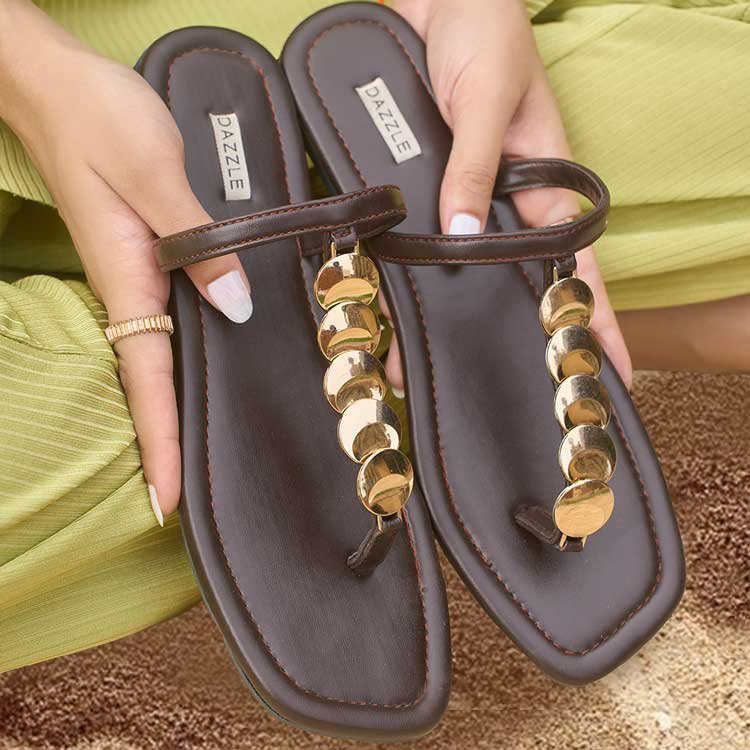 Dazzle Flat Slider Faux Leather Shoes Coffee gulbuy.com