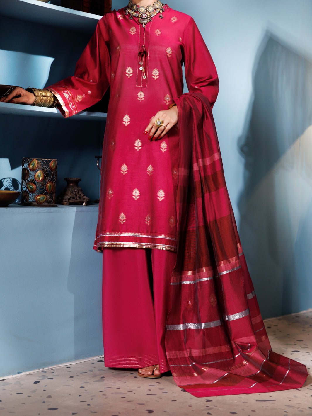 ALMIRAH LIGHT 3 PIECE PINK YARN DYED SUIT (ALP-3PS-1885)