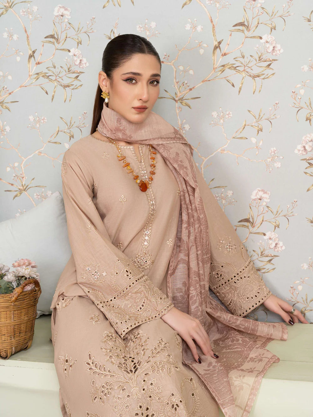 Sahibas By Mirza 3Pc Embroidered Lawn Suit Vanzila-Beige gulbuy.com