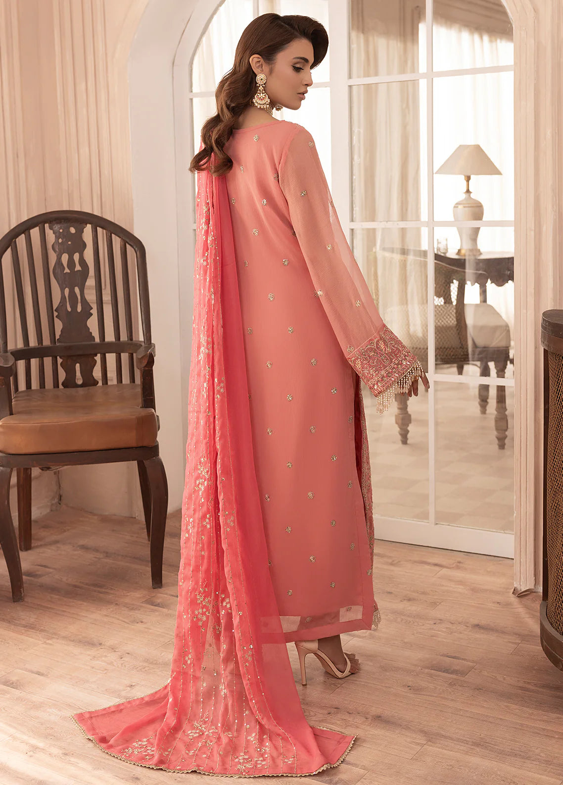 Sahane 3Pc Embroidered Chiffon Suit CT-19003 Rosa gulbuy.com
