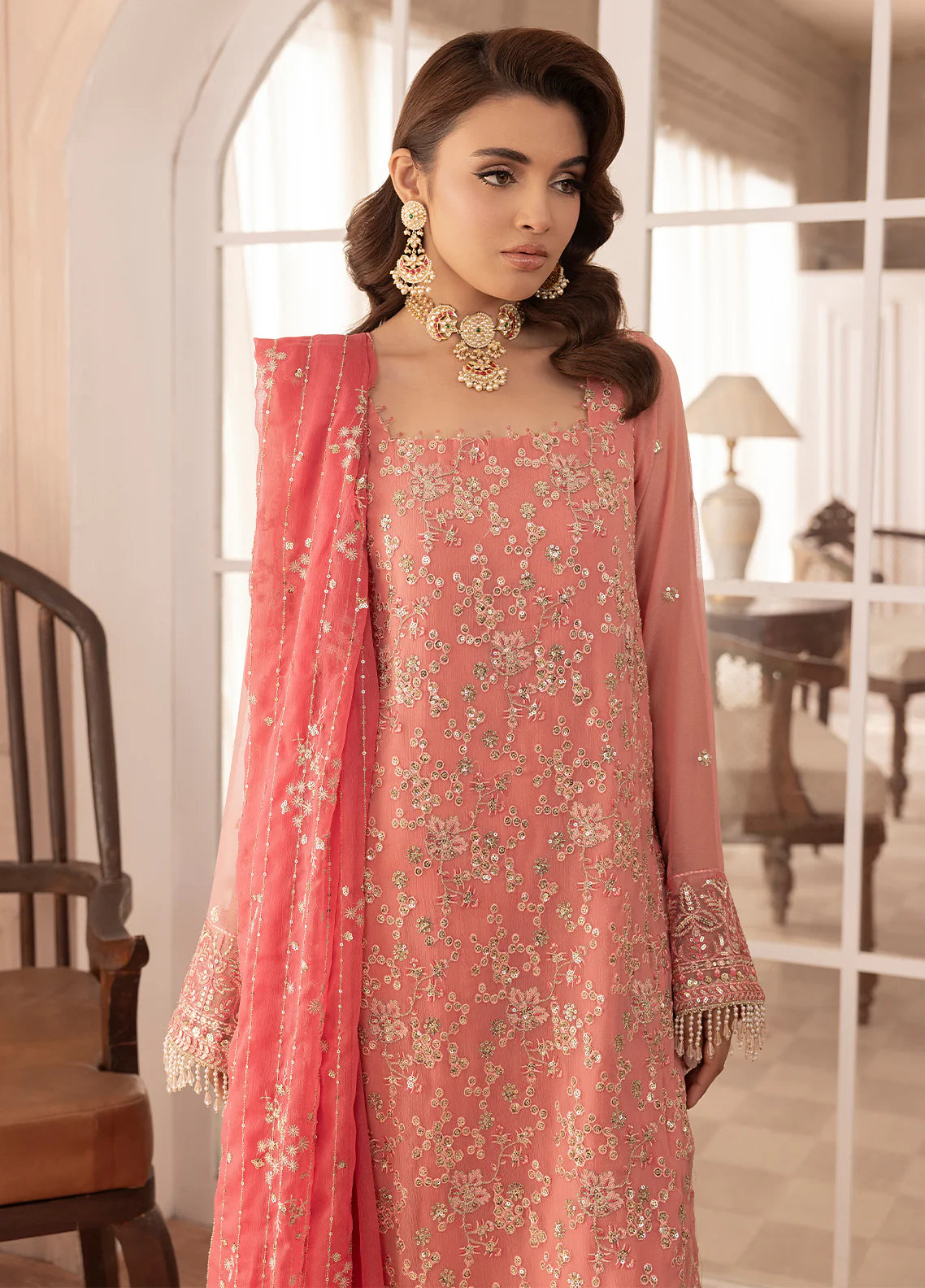 Sahane 3Pc Embroidered Chiffon Suit CT-19003 Rosa gulbuy.com