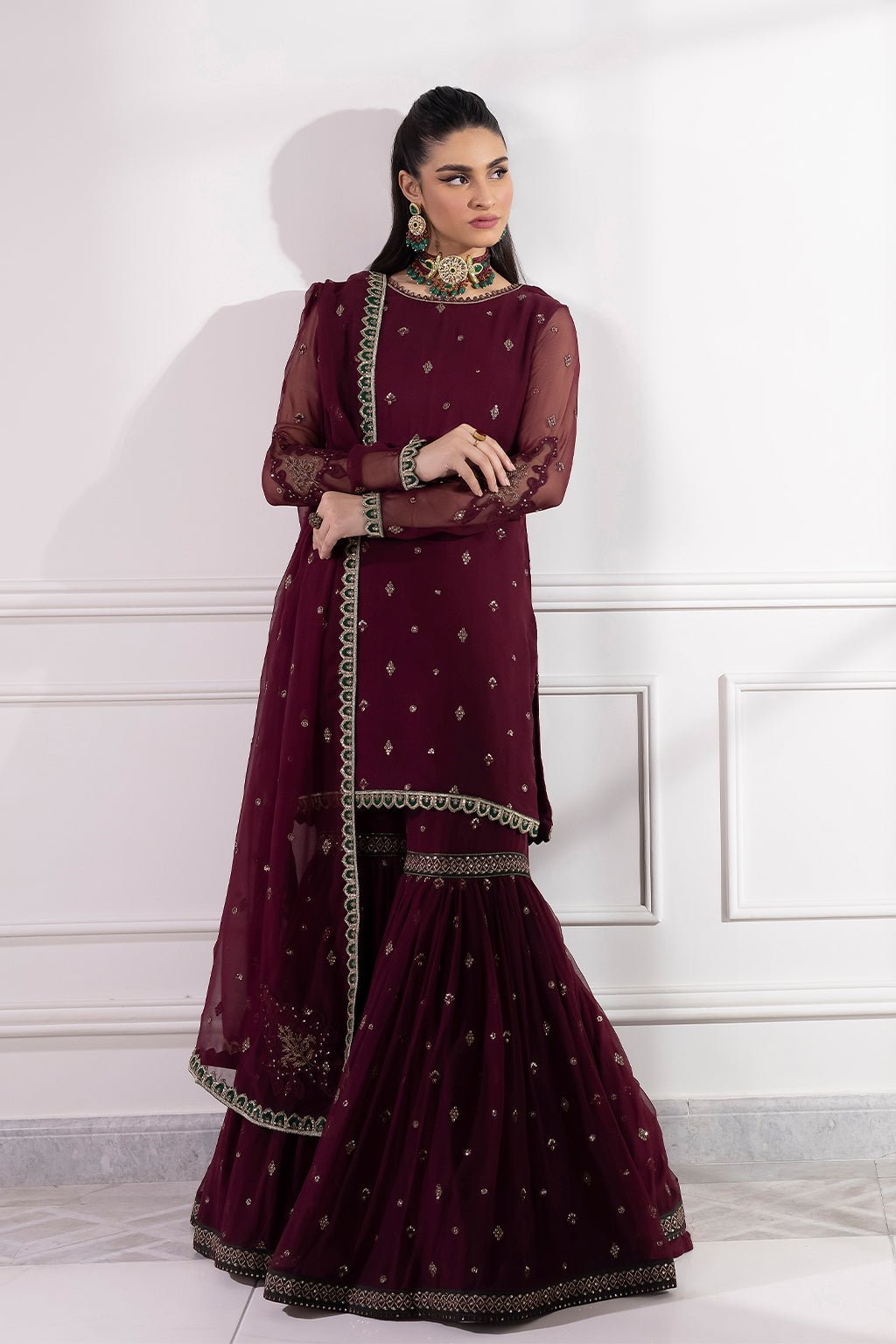 3 PIECE IZNIK EMBROIDERED CHIFFON SUIT (IP-183-SANGUINE)