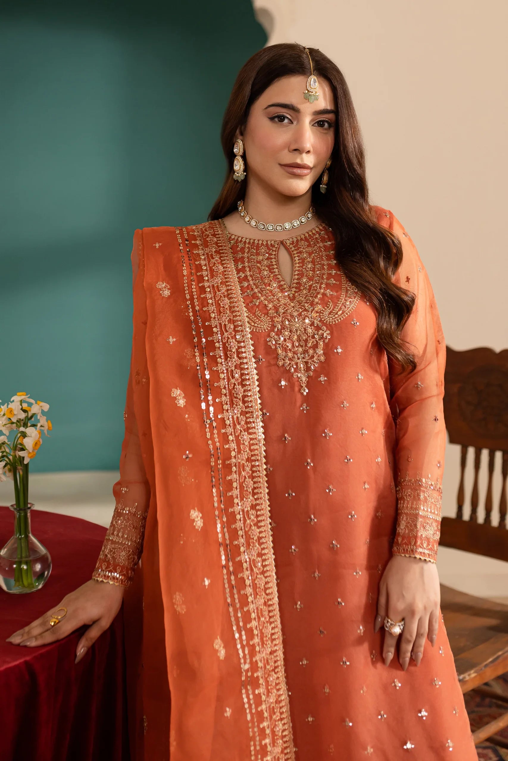 Batik 3Pc Embroidered Organza Suit Rust Gold gulbuy.com
