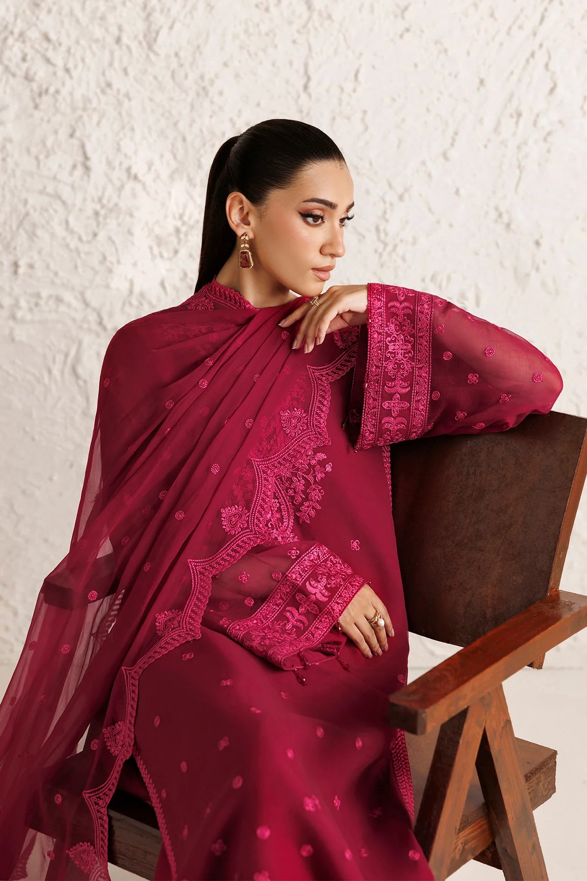 Farasha 3Pc Embroidered Chiffon Suit Petal Garnet