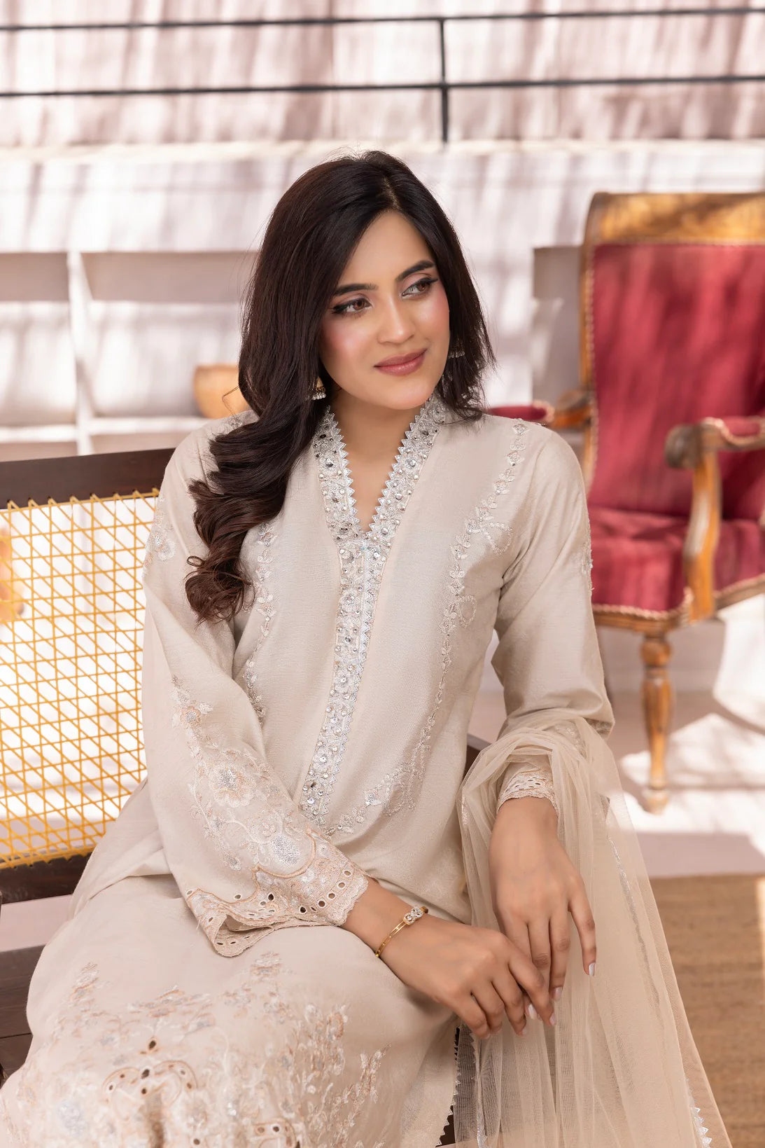 Nakoosh 3Pc Embroidered Khaddi Suit NF-6242 Off White gulbuy.com