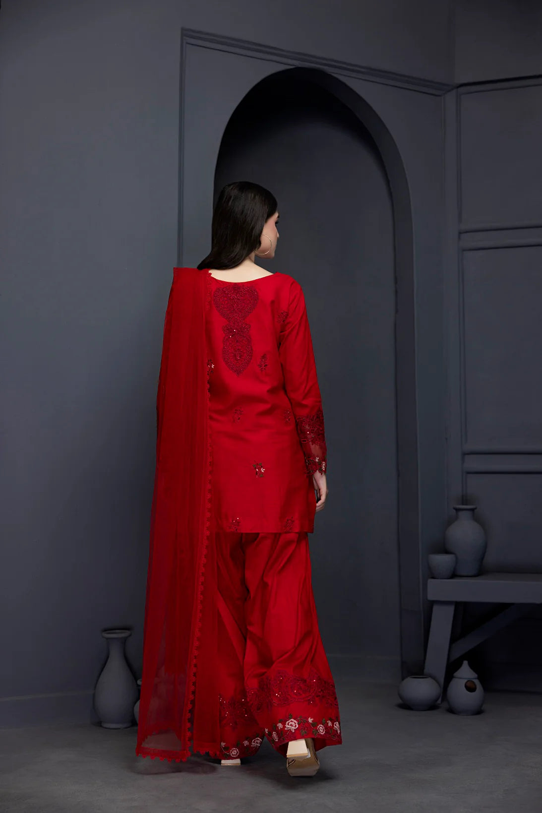 Nakoosh 3Pc Embroidered Cotton Suit NF-6237 Red gulbuy.com