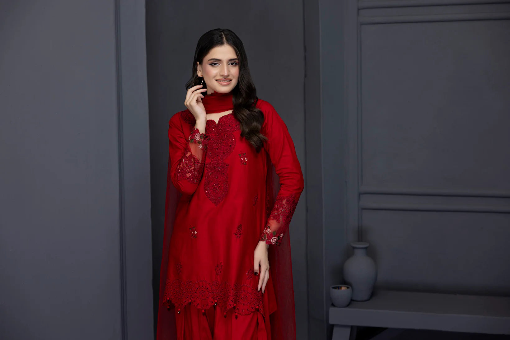 Nakoosh 3Pc Embroidered Cotton Suit NF-6237 Red gulbuy.com