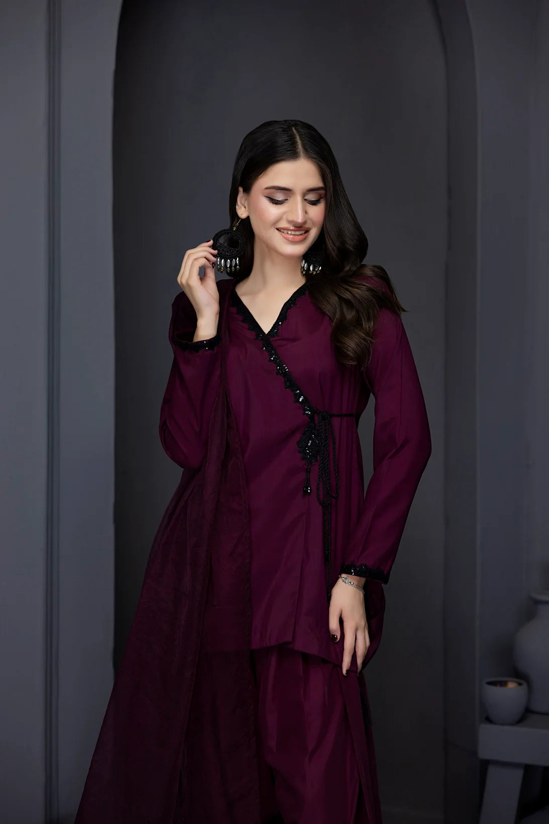 Nakoosh 3Pc Embroidered Silk Suit NF-6248 Burgundy gulbuy.com