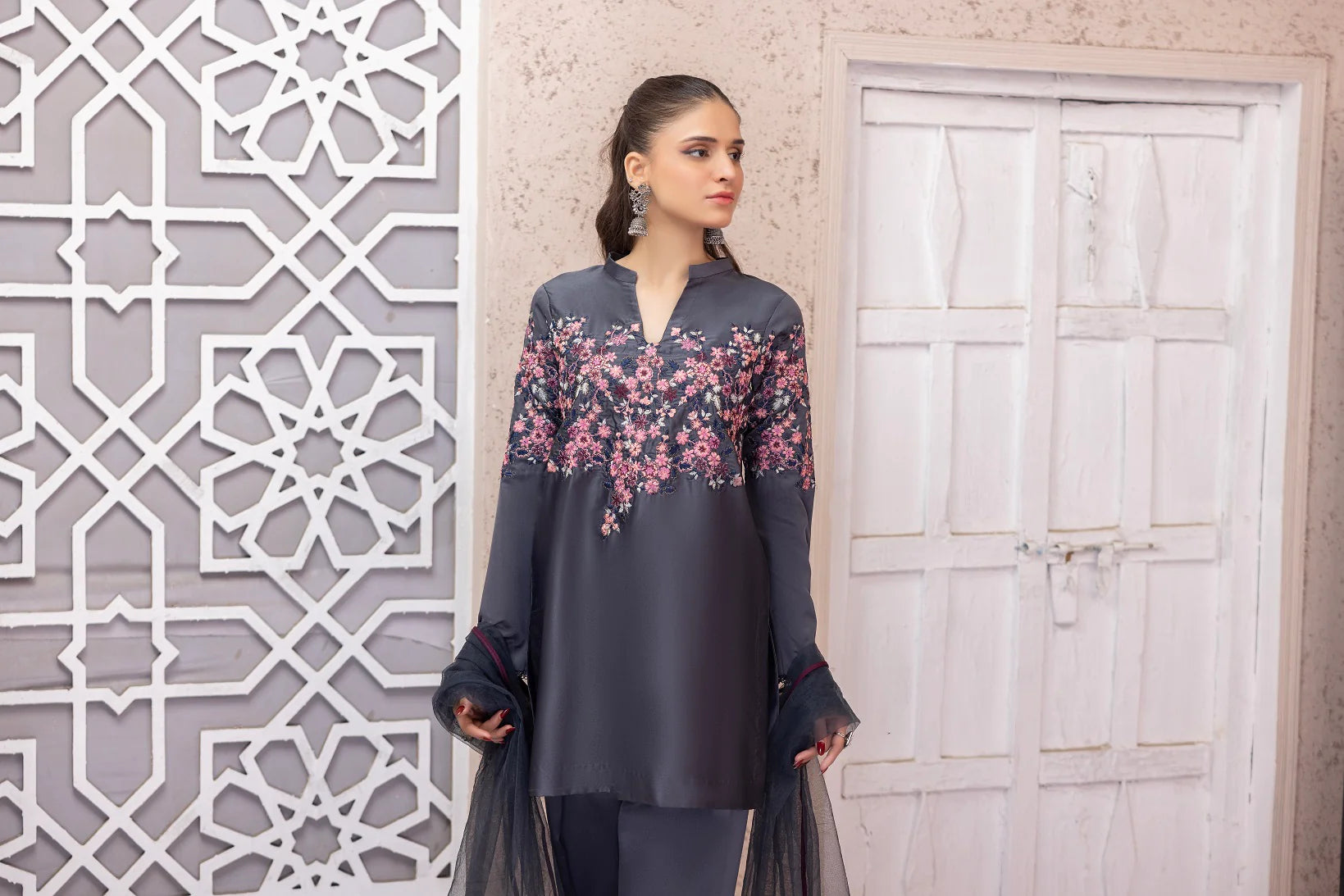 Nakoosh 3Pc Embroidered Silk Suit NF-5892 Gray gulbuy.com