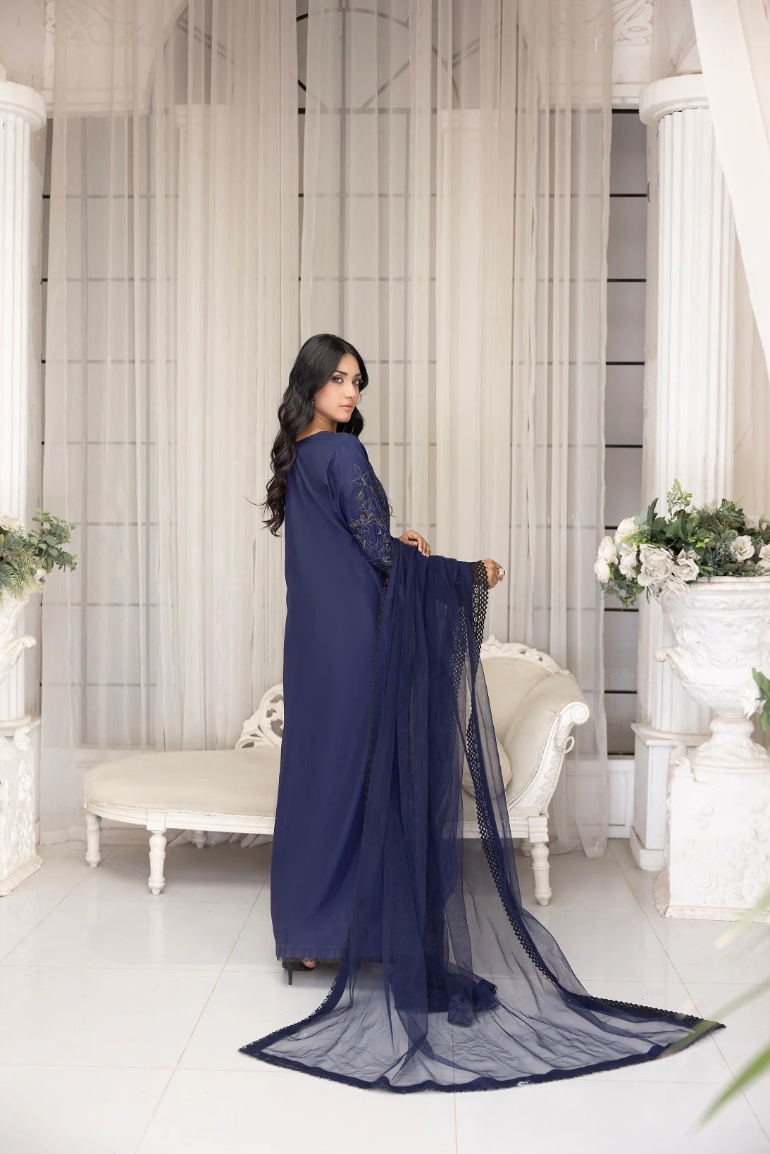 Nakoosh 3Pc Embroidered Silk Suit NF-5894 Navy Blue gulbuy.com