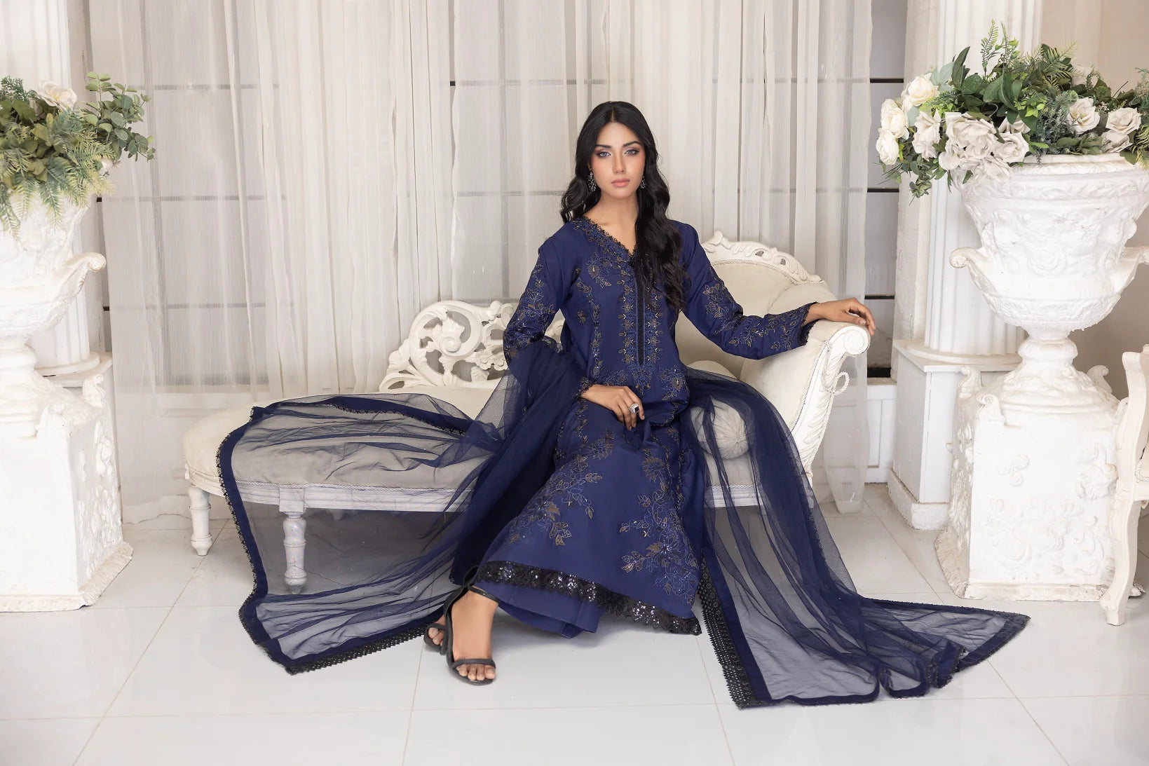 Nakoosh 3Pc Embroidered Silk Suit NF-5894 Navy Blue gulbuy.com
