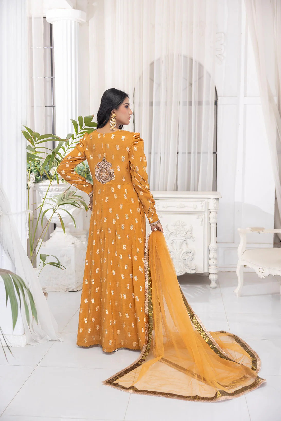 Nakoosh 3Pc Embroidered Jacquard Suit NF-6435 Mustard gulbuy.com