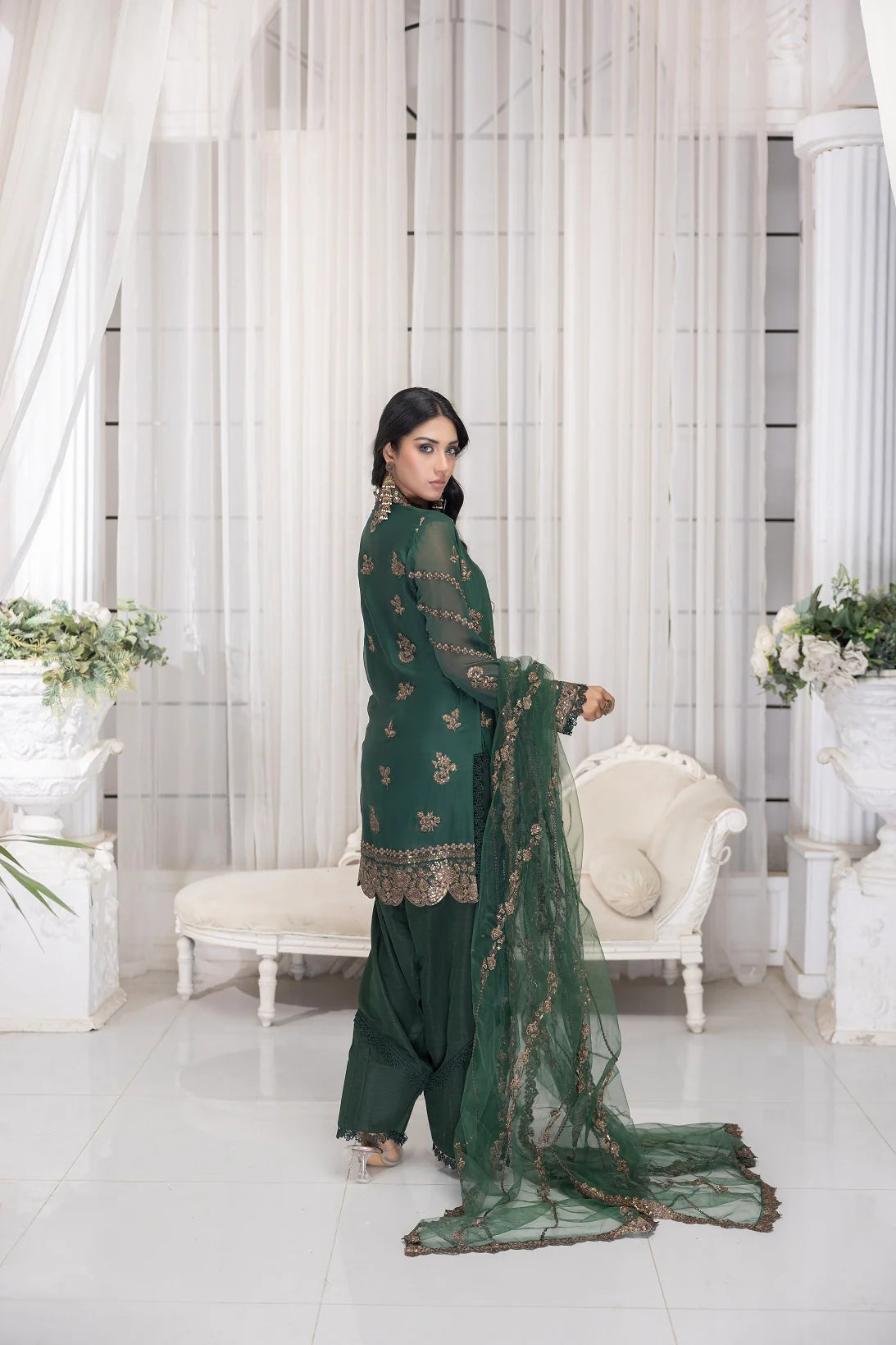 Nakoosh 3Pc Embroidered Chiffon Suit NF-5895 Bottle Green gulbuy.com