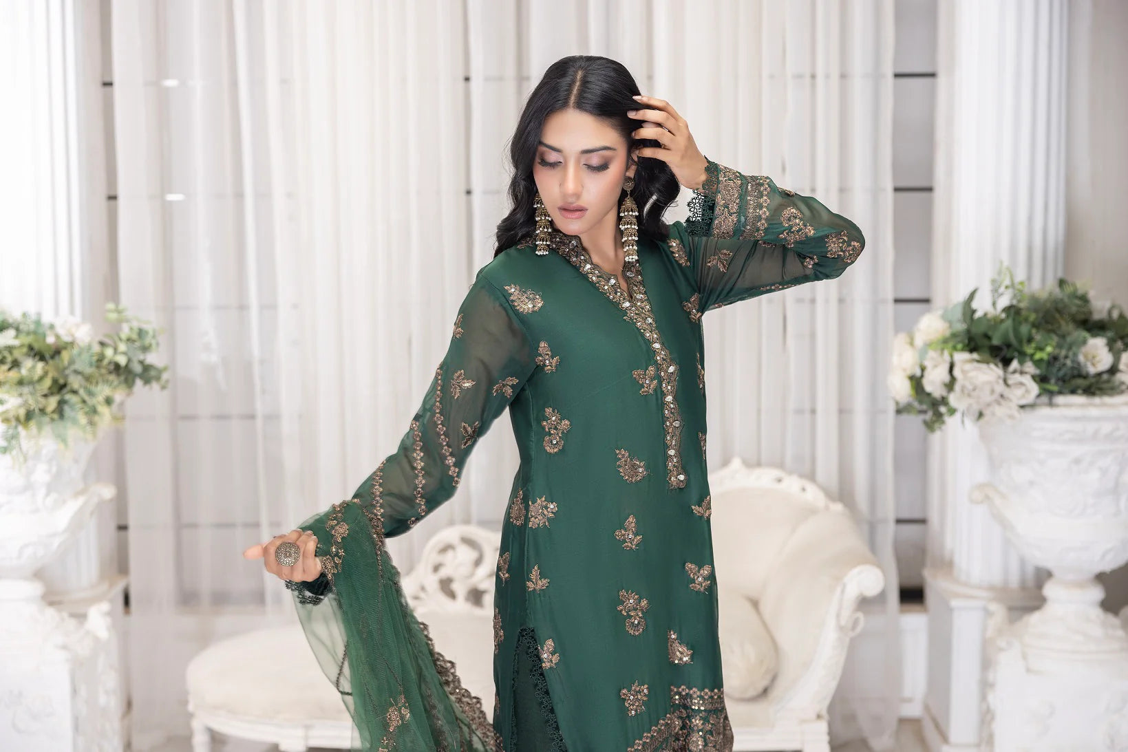 Nakoosh 3Pc Embroidered Chiffon Suit NF-5895 Bottle Green gulbuy.com