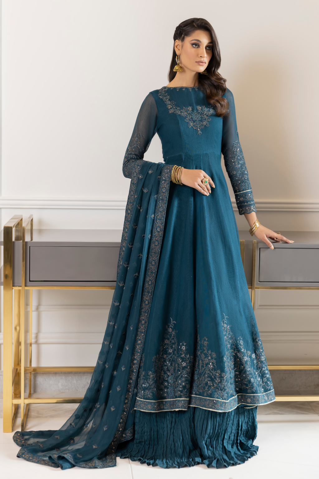 3 PIECE IZNIK EMBROIDERED NET SUIT (IP-169-BLUE-DELPHINIUM)