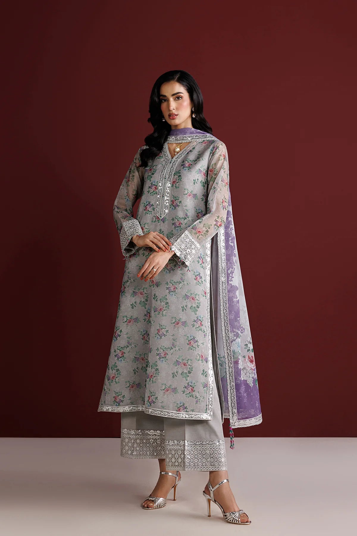 Farasha 3Pc Printed Chiffon Suit Grey Opal