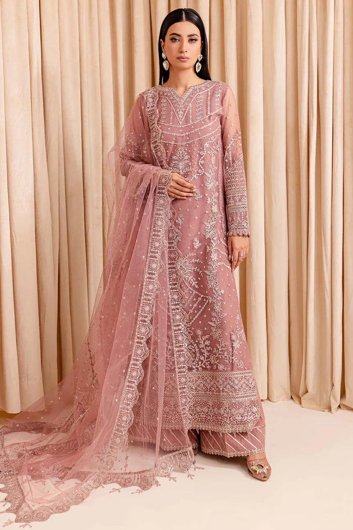 Farasha 3Pc Embroidered Net Suit Pastel Peach