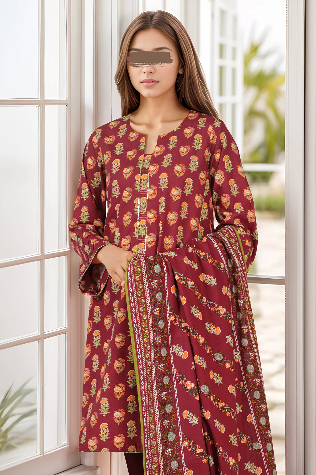 Saya 3Pc Printed Cotton Viscose Suit U01-24319-18B (SDT) gulbuy.com