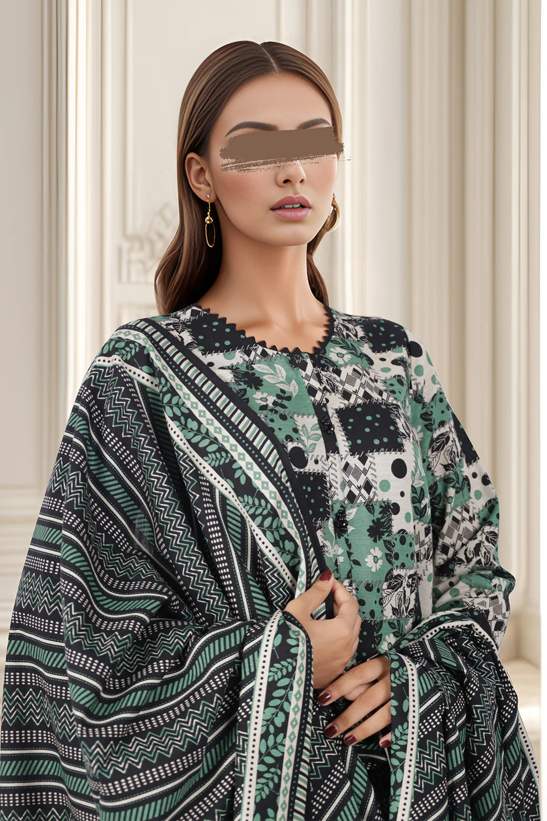 Saya 3Pc Printed Cotton Khaddar Suit U04-24350-09A (SDT) gulbuy.com