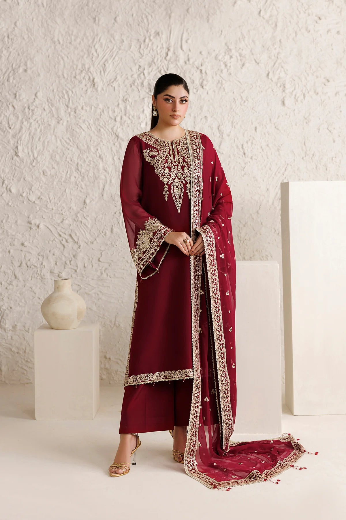 Farasha 3Pc Embroidered Chiffon Suit Rouge Scarlet