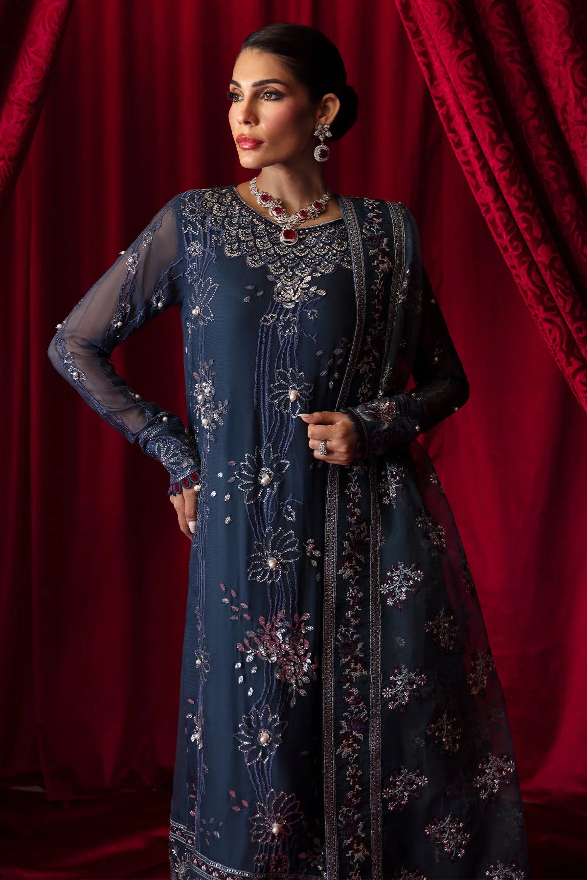 Nureh 3Pc Embroidered Chiffon Suit NEL-52-Cielle gulbuy.com