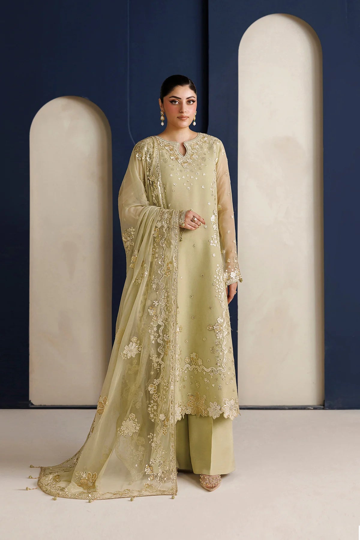 Farasha 3Pc Embroidered Chiffon Suit Mellow Gold