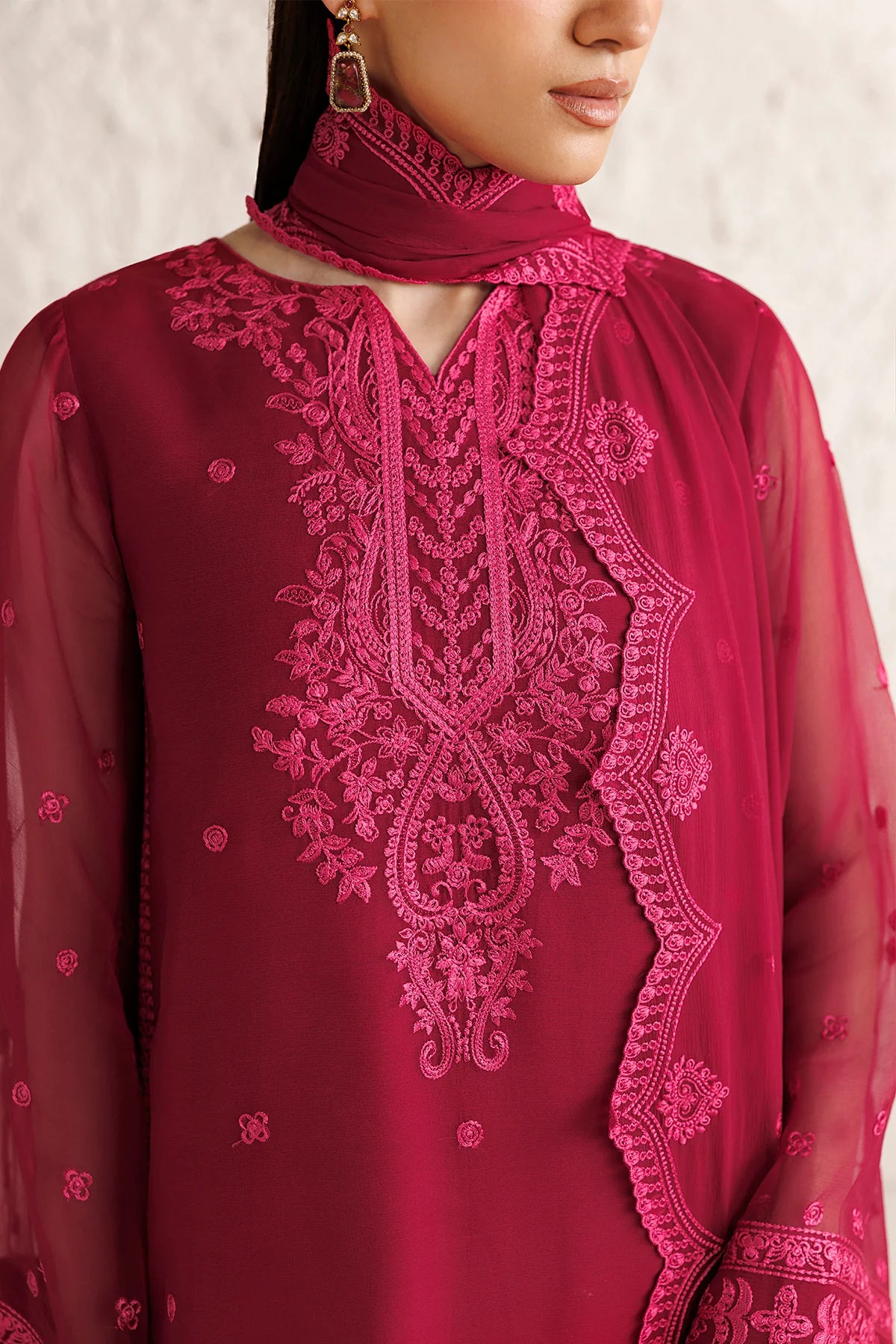 Farasha 3Pc Embroidered Chiffon Suit Petal Garnet