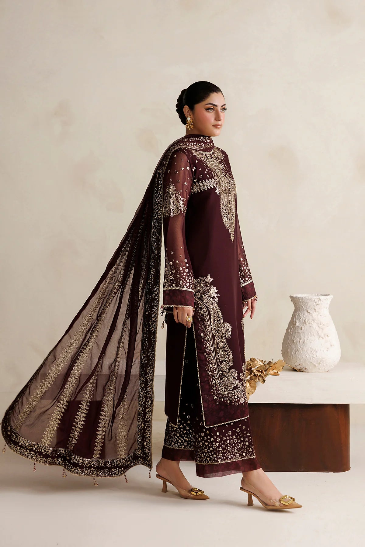 Farasha 3Pc Embroidered  Chiffon Suit Amber Muse