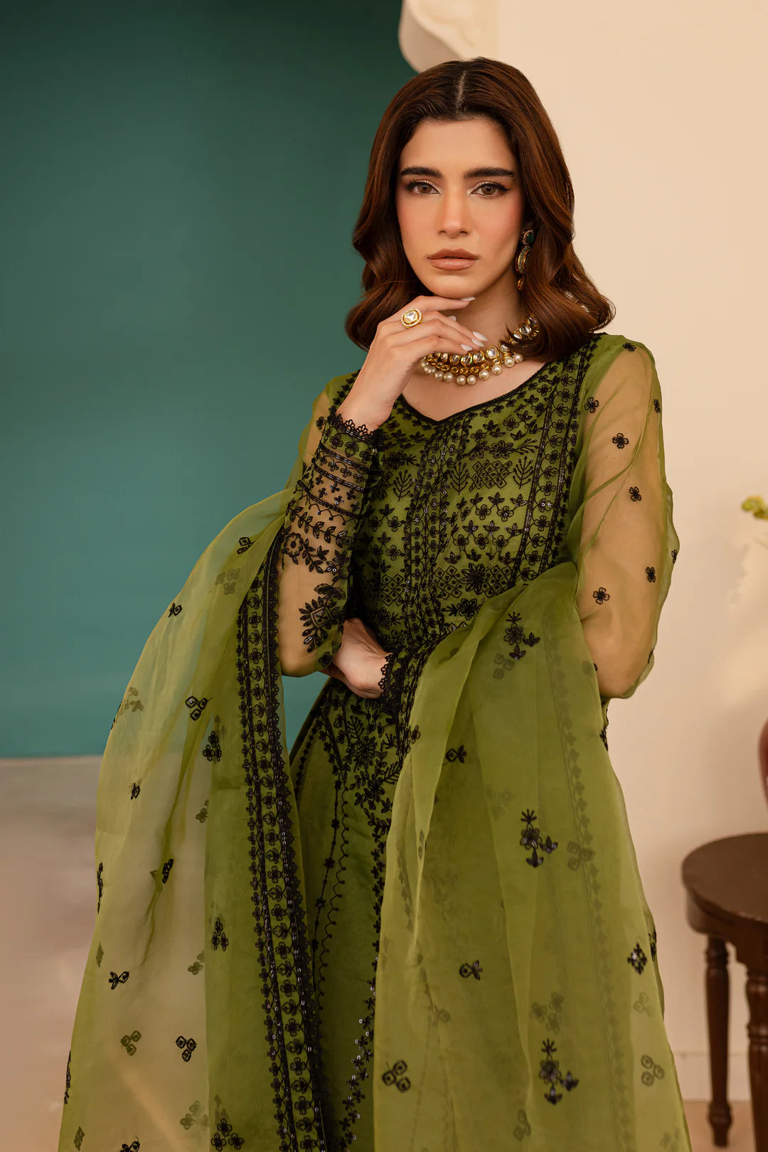 Batik 3Pc Embroidered Organza Suit Flaxen gulbuy.com