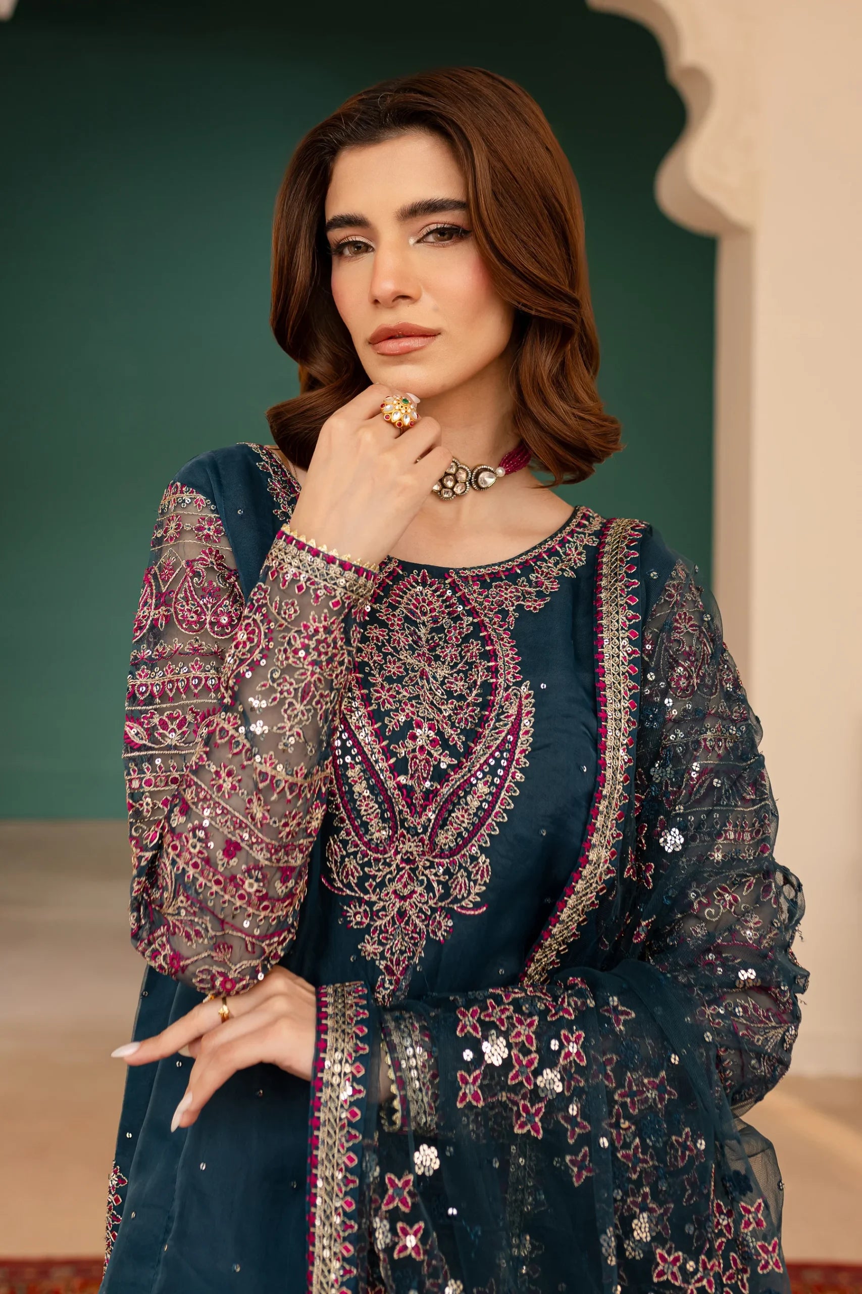 Batik 3Pc Embroidered Organza Suit Azure Blue gulbuy.com