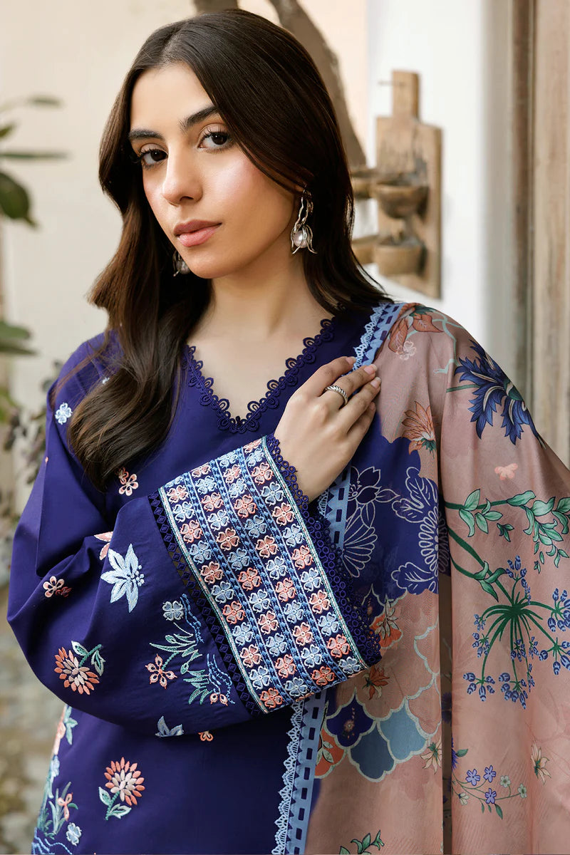 Farasha 3Pc Embroidered Lawn Suit Indigo Glow gulbuy.com