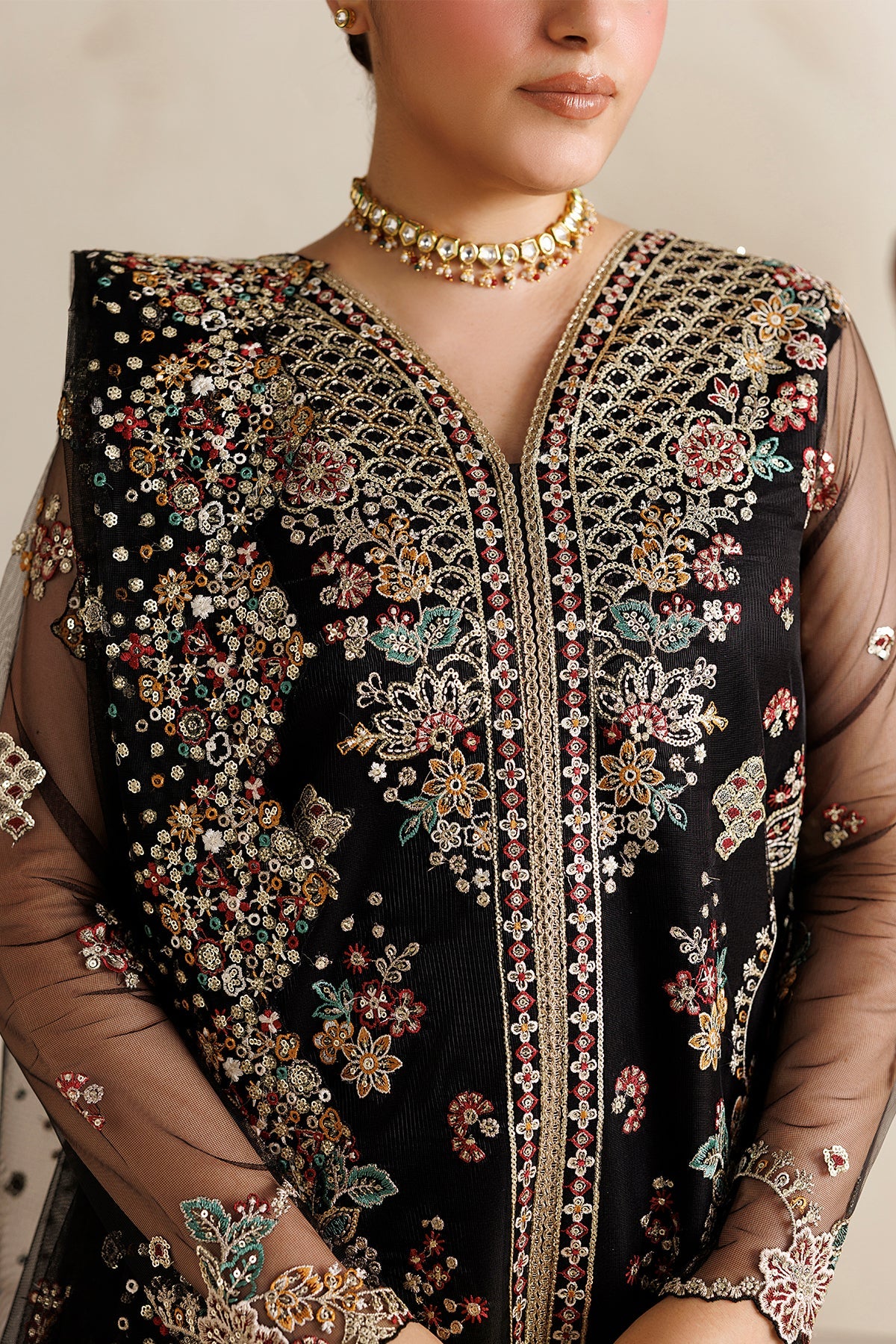 Farasha 3Pc Embroidered  Net Suit Black Vailour
