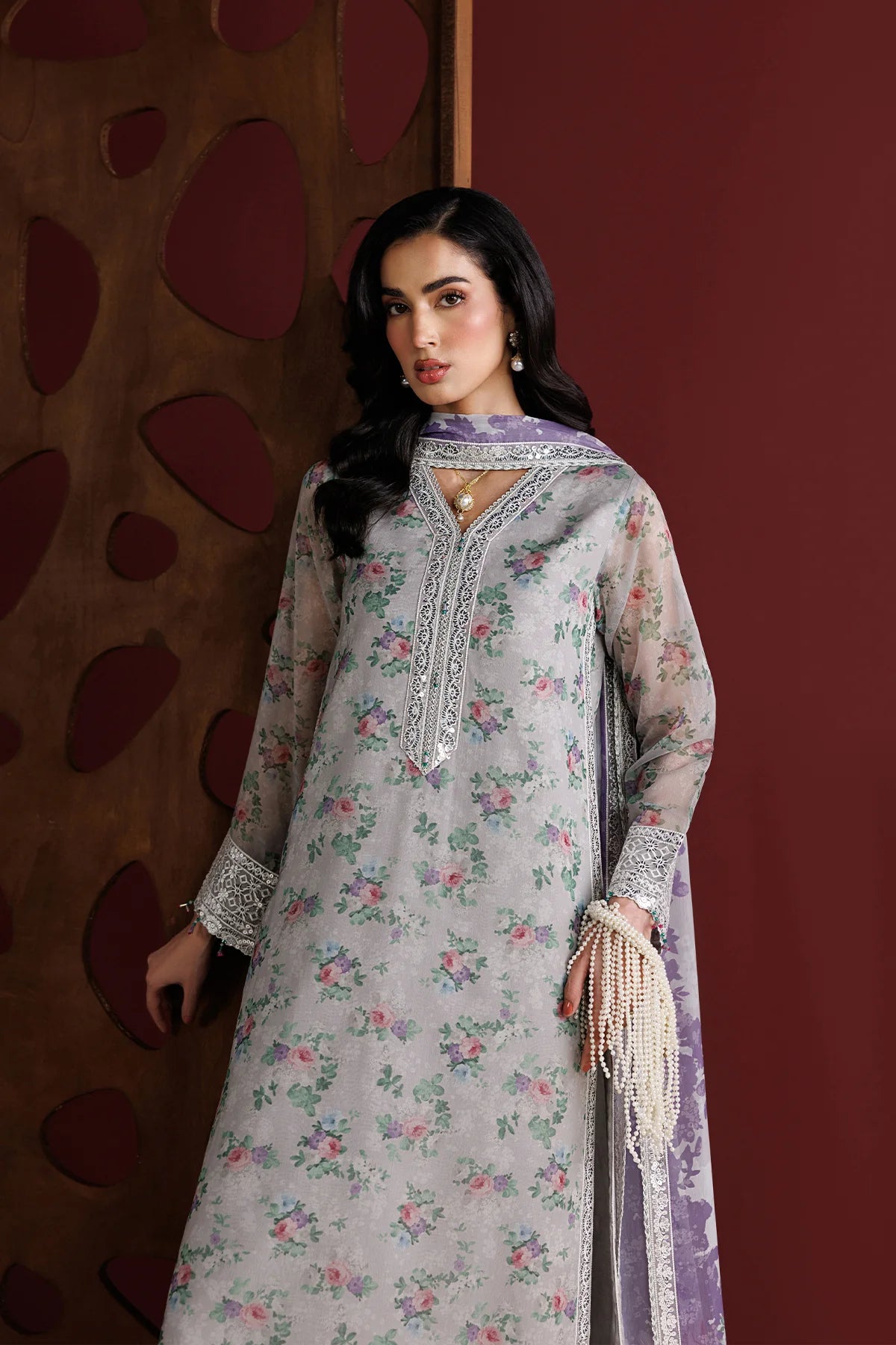 Farasha 3Pc Printed Chiffon Suit Grey Opal