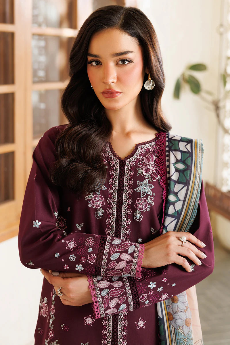 Farasha 3Pc Embroidered Lawn Suit Burgandy Rush gulbuy.com