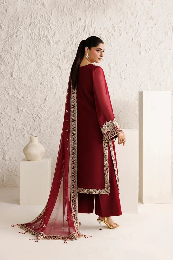 Farasha 3Pc Embroidered Chiffon Suit Rouge Scarlet