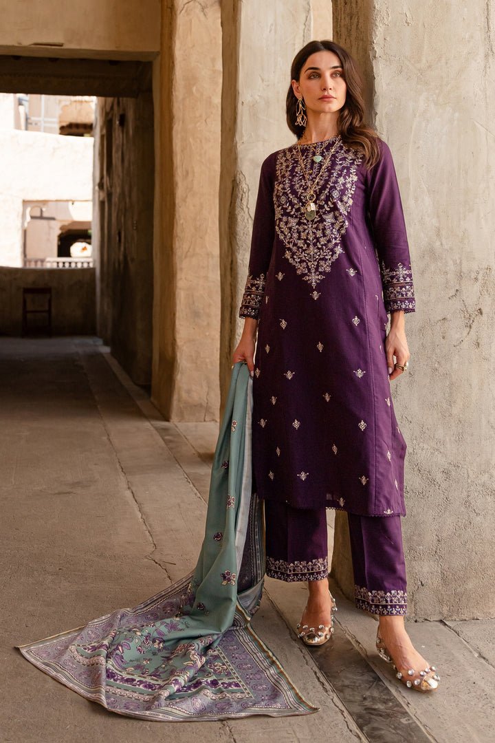 Batik 3Pc Embroidered Khaddar Dress Plum Sage gulbuy.com