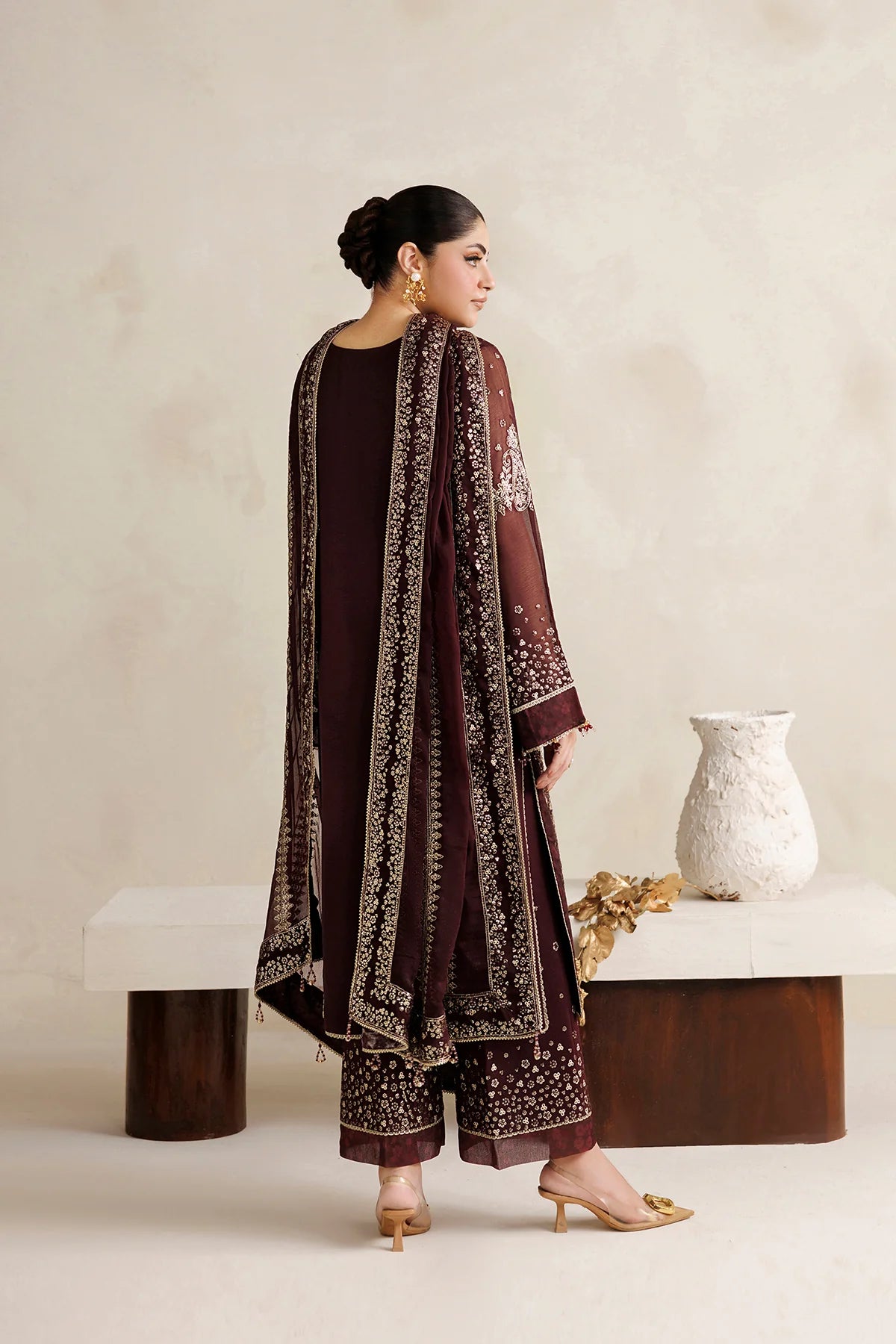 Farasha 3Pc Embroidered  Chiffon Suit Amber Muse