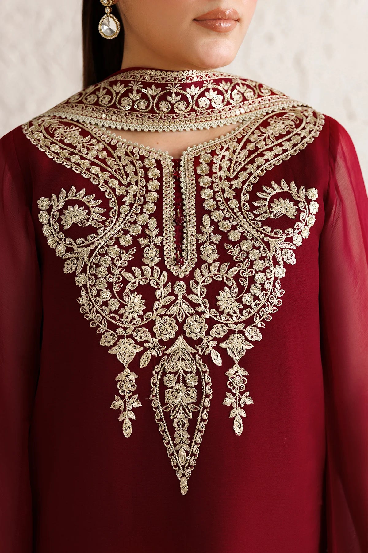 Farasha 3Pc Embroidered Chiffon Suit Rouge Scarlet