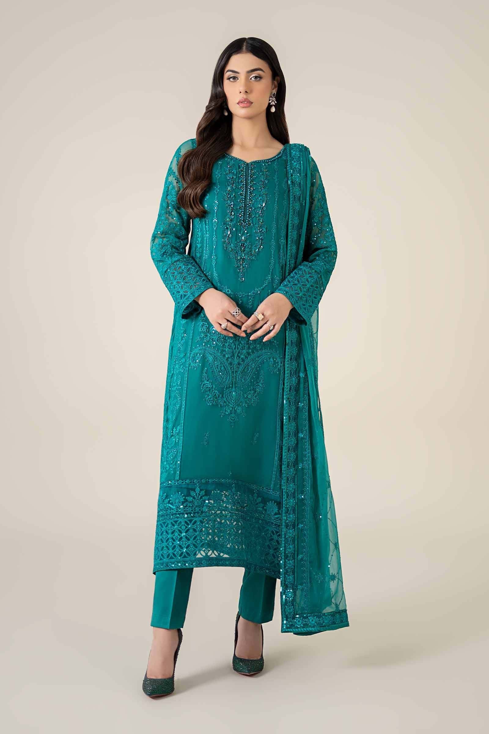 Maria B 3Pc Embroidered Chiffon Suit SF-EF25-20 Teal gulbuy.com