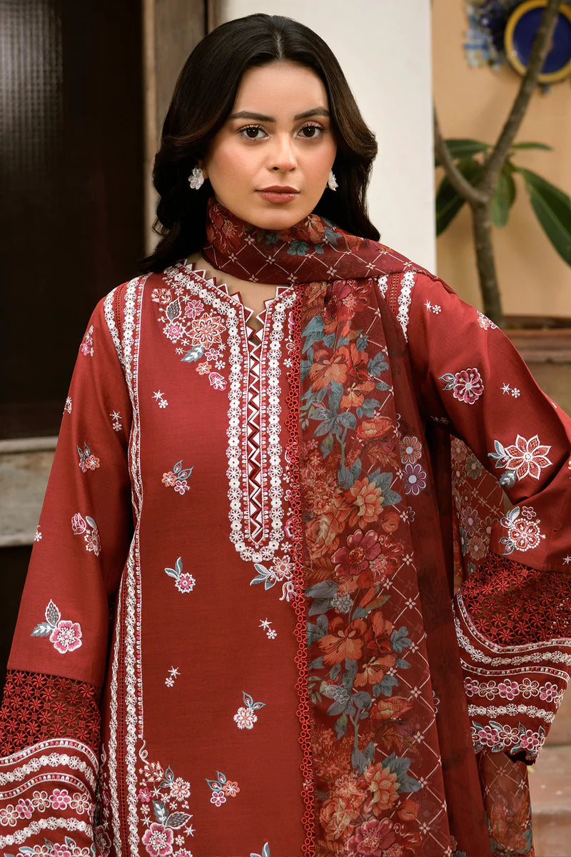 Farasha 3Pc Embroidered Lawn Suit Russet Flames gulbuy.com