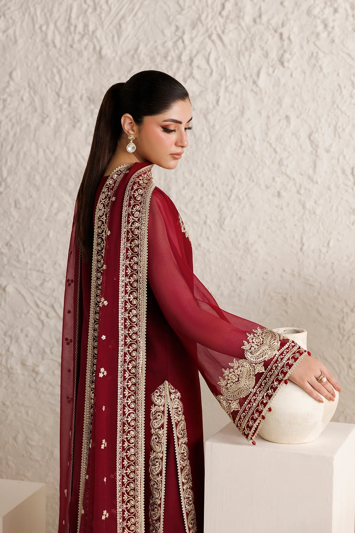 Farasha 3Pc Embroidered Chiffon Suit Rouge Scarlet